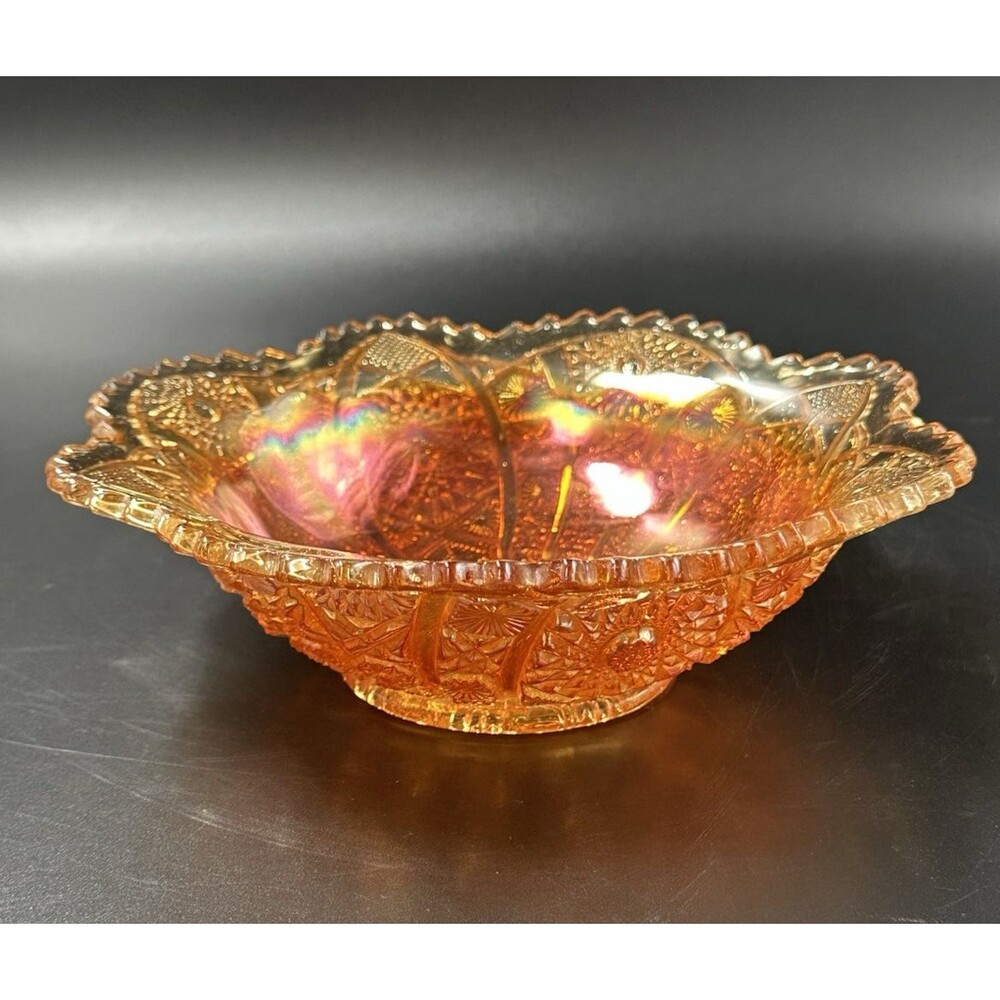Vintage Iridescent Amber Sunflower Orange Carnival Glass Bowl Scalloped Edges